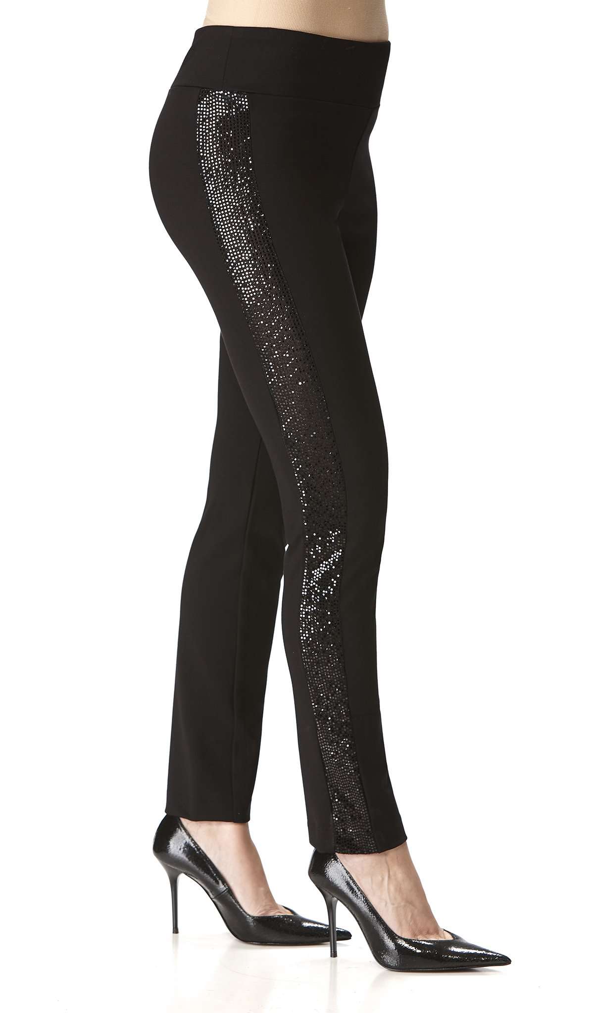 Women's Pants Black Sequined Side Detail Quality Stretch Fabric Made in Canada - Yvonne Marie - Yvonne Marie