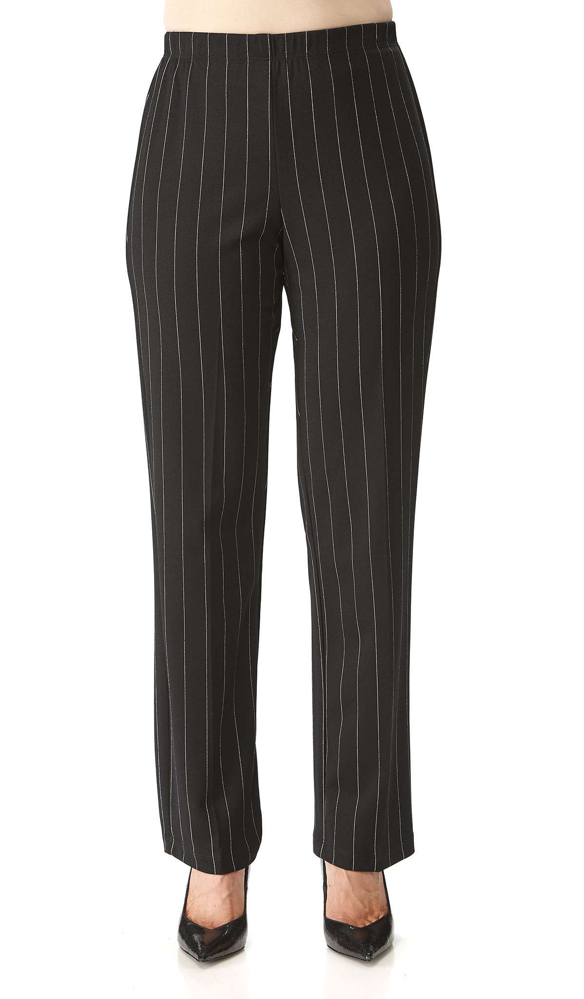Women's Pants On Sale Black Pinstripe Quality Stretch Pant Pull On Design  Made in Canada