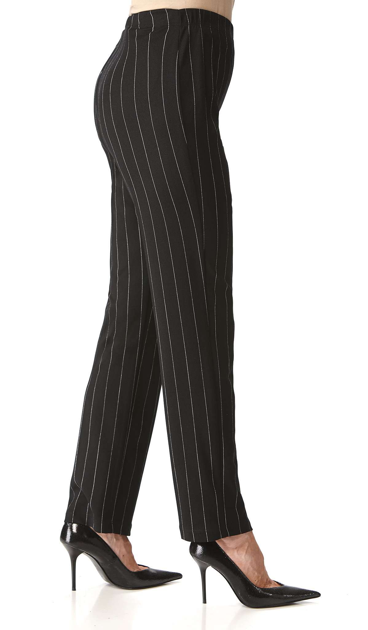Women's Pants On Sale Black Pinstripe Quality Stretch Pant Pull On Design Made in Canada - Yvonne Marie - Yvonne Marie