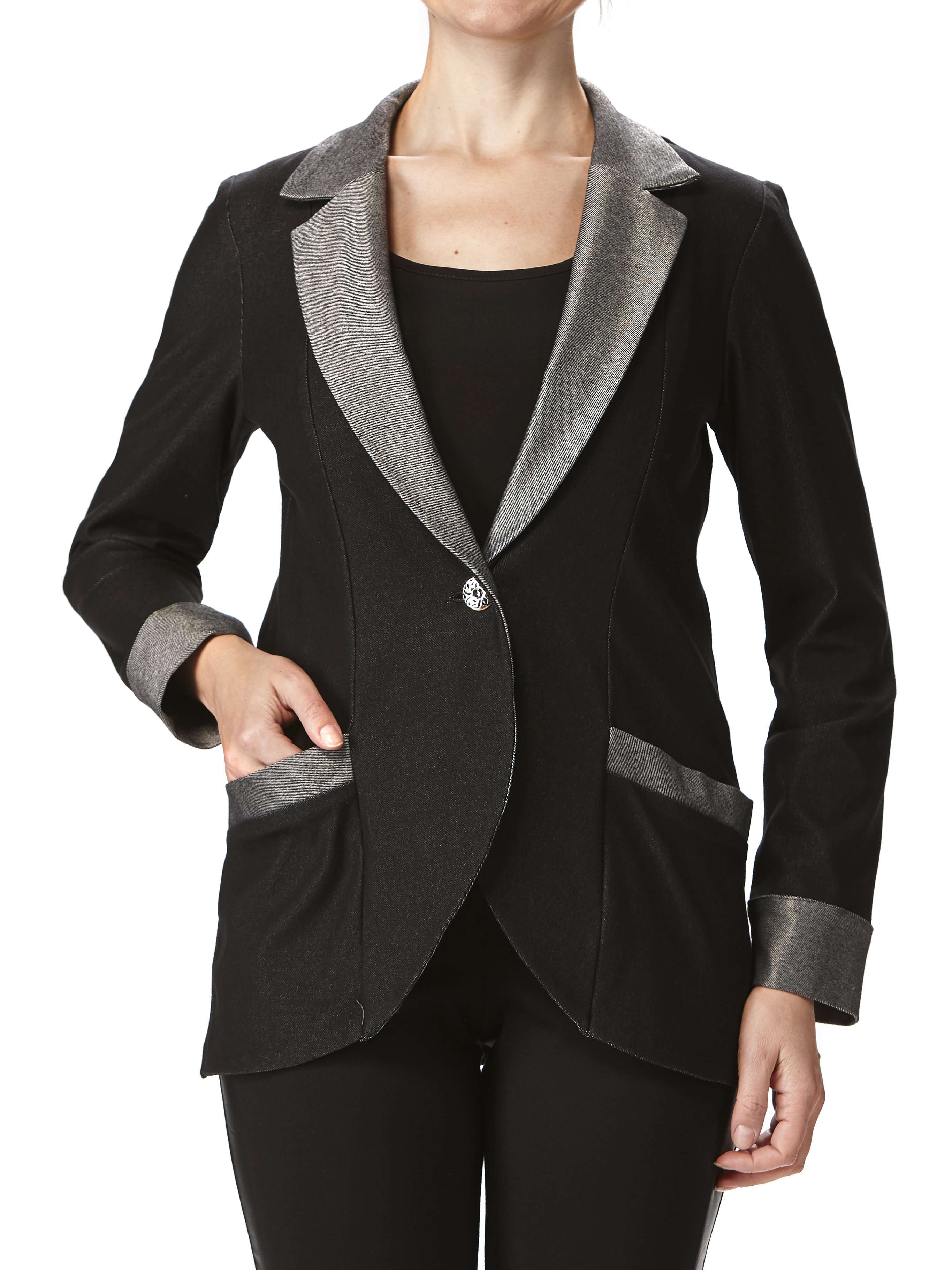 Women's Jacket Black Stretch Denim Features Full Pockets Quality Fabric Proudly Made in Canada - Yvonne Marie - Yvonne Marie