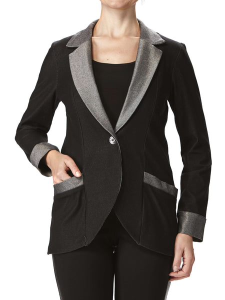 Women's Jacket Black Stretch Denim Features Full Pockets Quality Fabric Proudly Made in Canada