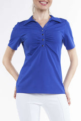 Women's Top Polo Royal Blue Button Front Quality Fabric Made in Canada - Yvonne Marie - Yvonne Marie